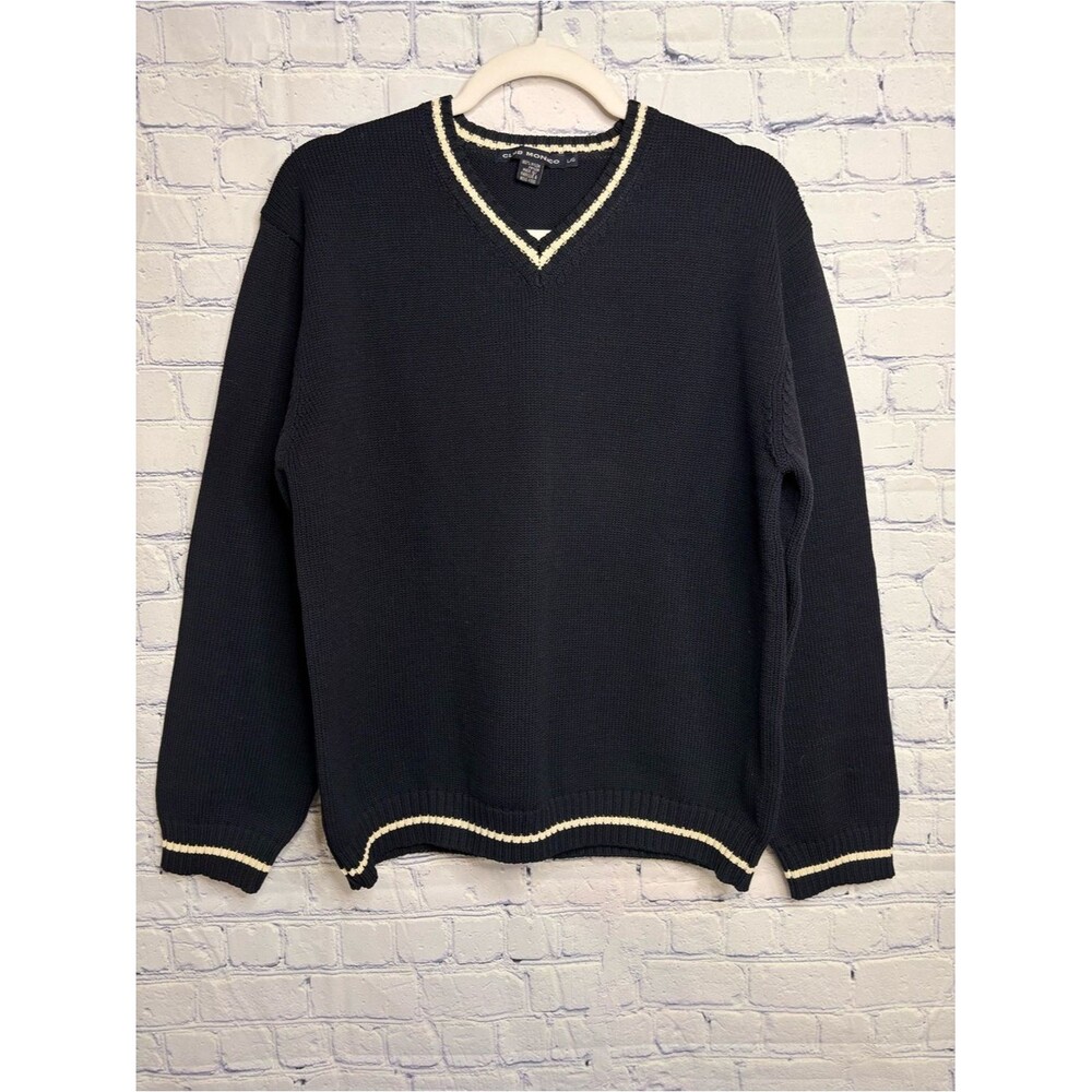 VINTAGE Club Monaco Black Varsity Cricket Preppy Business Casual VNeck Sweater L